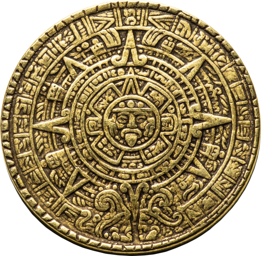 The Sun and Moon Worry Coin - Aztec Sun Stone Calendar and Moon