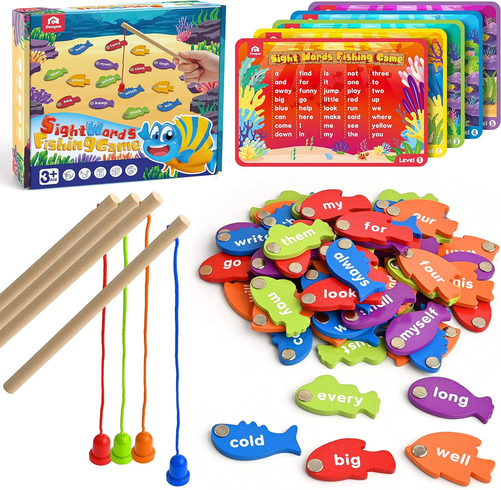 Coogam Wooden Magnetic Fishing Sight Words Game Learning Dolch Word Flashcards Montessori Educational Toy for Preschool