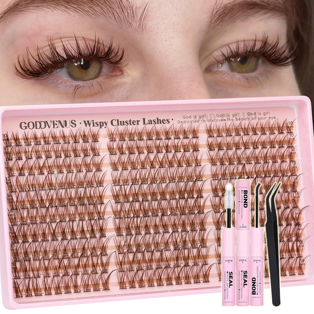 Brown Lash Clusters Kit Natural 300Pcs Wispy Lashes Cluster Eyelash Cluster Extensions Kit C Curve Individual Lashes Extensions Kit For DIY Waterproof & Long - Lasting (Light Brown10-16mm)