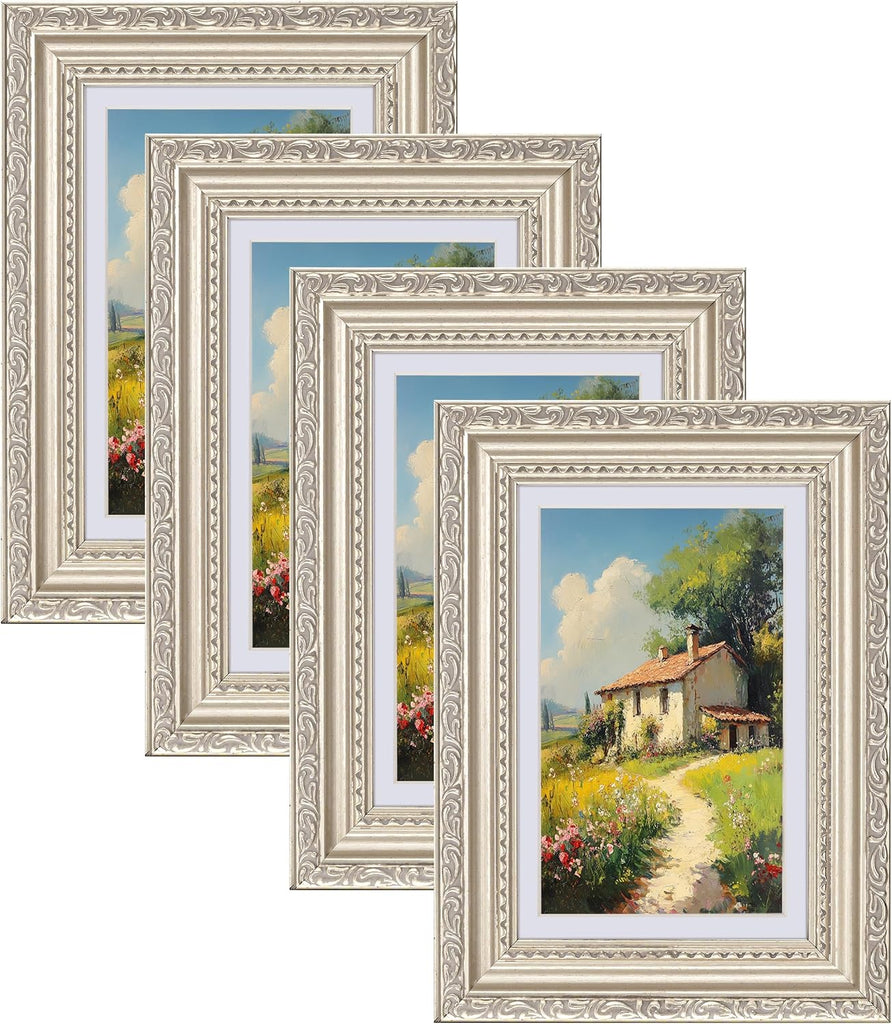 eletecpro 4x6 Vintage Picture Frame, Glass Cover, Silver Beige, 4-Pack