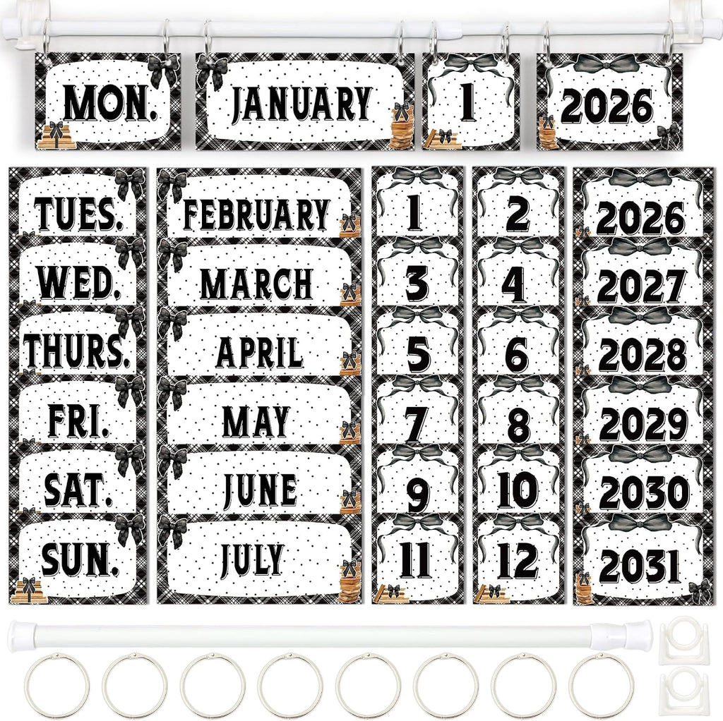 Flip Calendar Bulletin Board Set 59 Date Cards Books and Bows Classroom Decor Black and White Flip Calendar with Adjusta