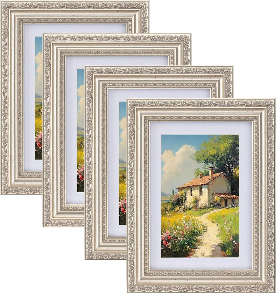 eletecpro 5x7 Vintage Picture Frame, Glass Cover, Silver Beige, 4-Pack