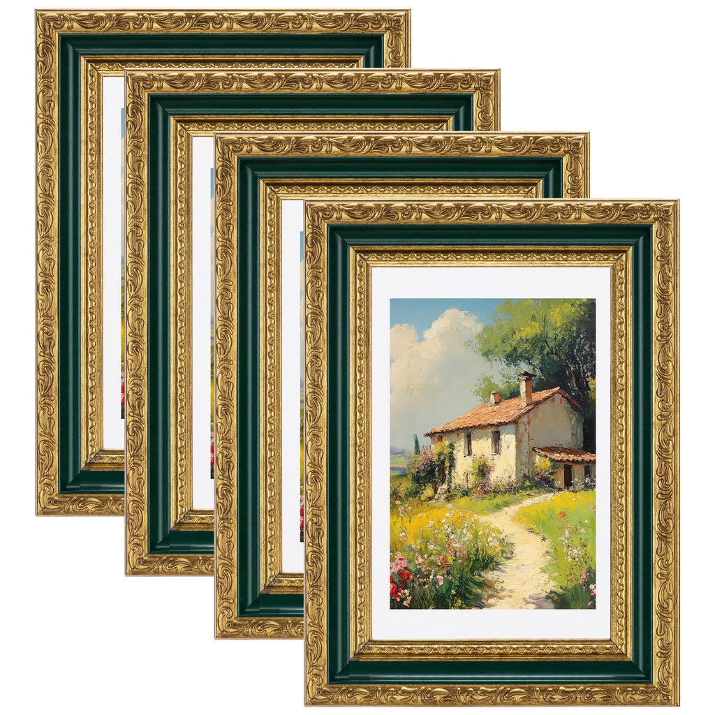 eletecpro 4x6 Vintage Picture Frame, Glass Cover, Green Gold, 4-Pack
