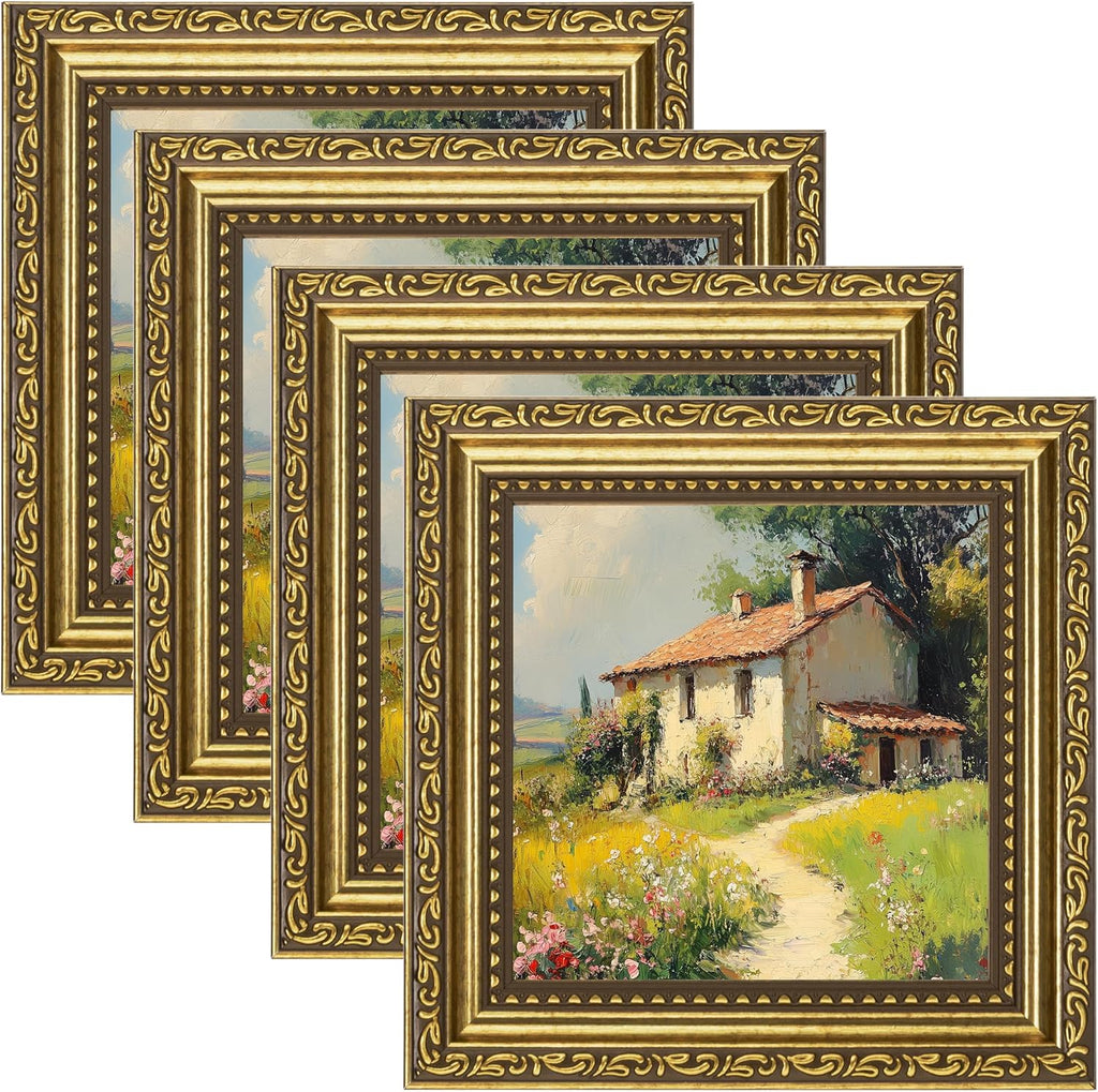 eletecpro 5x5 Vintage Picture Frame, Glass Cover, Gold, 4-Pack