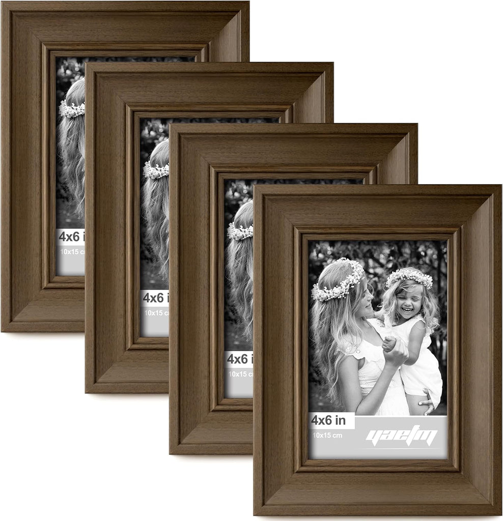 Yaetm 4x6 Picture Frame Set of 4, 1.4” Wide Molding & Brown Wood Grain Photo Frames with HD Tempered Glass, for Table To