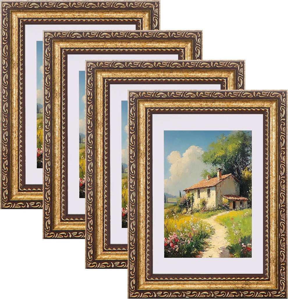 eletecpro 5x7 Vintage Picture Frame, Glass Cover, Bronze Gold, 4-Pack