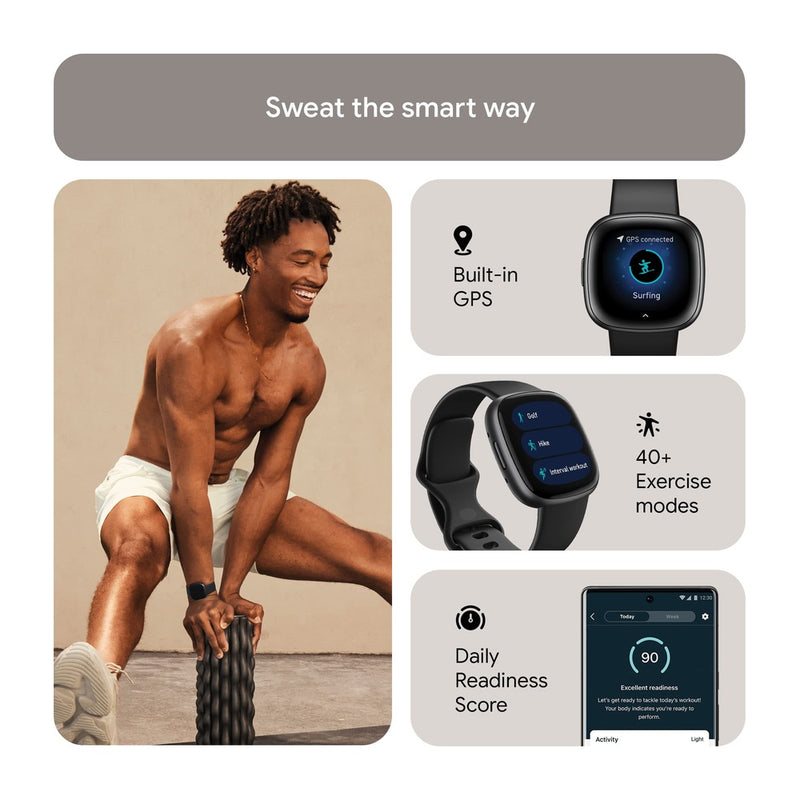 Fitbit Versa 4 Fitness - Reloj Inteligente con Preparación Diaria, GPS, Frecuencia Cardíaca 24/7 y Más, Negro/Grafito, Talla Única