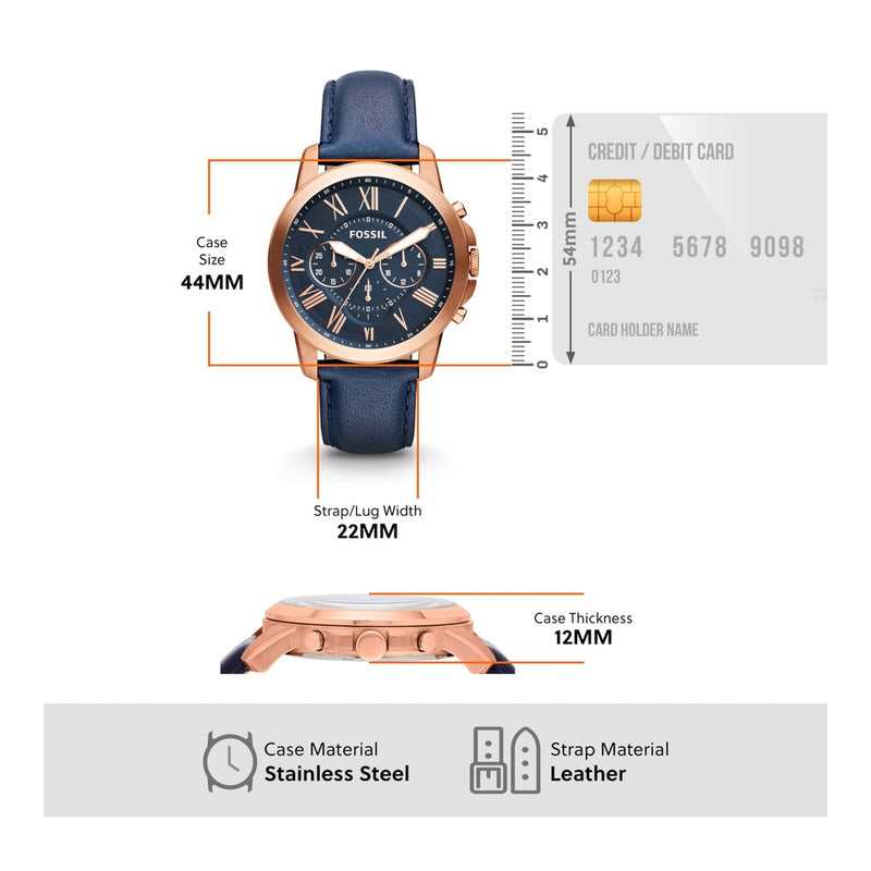 Reloj cronógrafo Fossil Grant para hombre, con correa de cuero azul y esfera de acero inoxidable resistente al agua hasta 165 pies