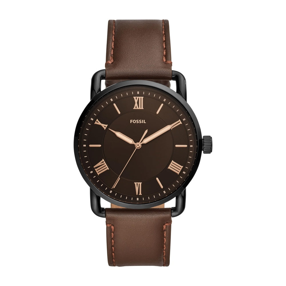 Reloj Fossil Copeland para hombre, acero inoxidable y cuero, movimiento de cuarzo con esfera negra e índices romanos, resistente al agua