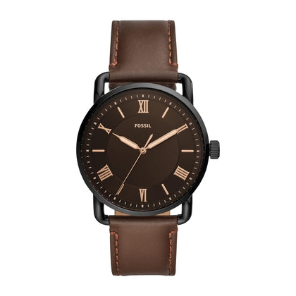 Reloj Fossil Copeland para hombre, acero inoxidable y cuero, movimiento de cuarzo con esfera negra e índices romanos, resistente al agua
