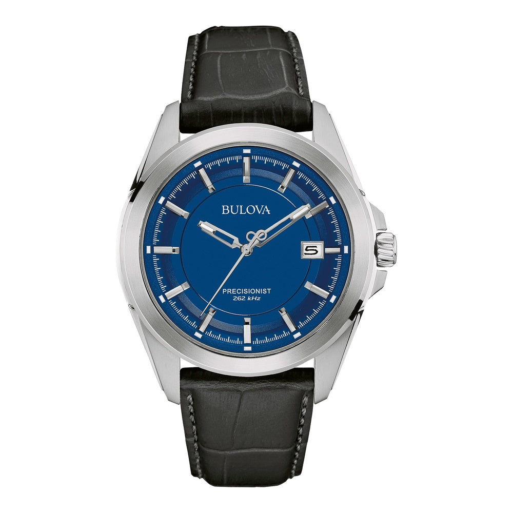 Bulova reloj de cuarzo de acero inoxidable y piel negra, diseño elegante con caja azul y funciones de calendario