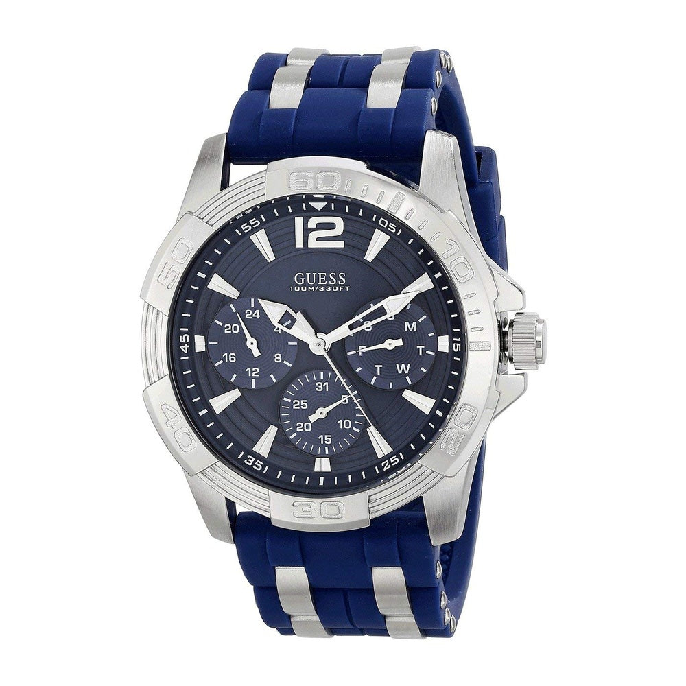 Reloj analógico GUESS azul de silicona, caja de acero inoxidable, resistente al agua y multiesfera con calendario
