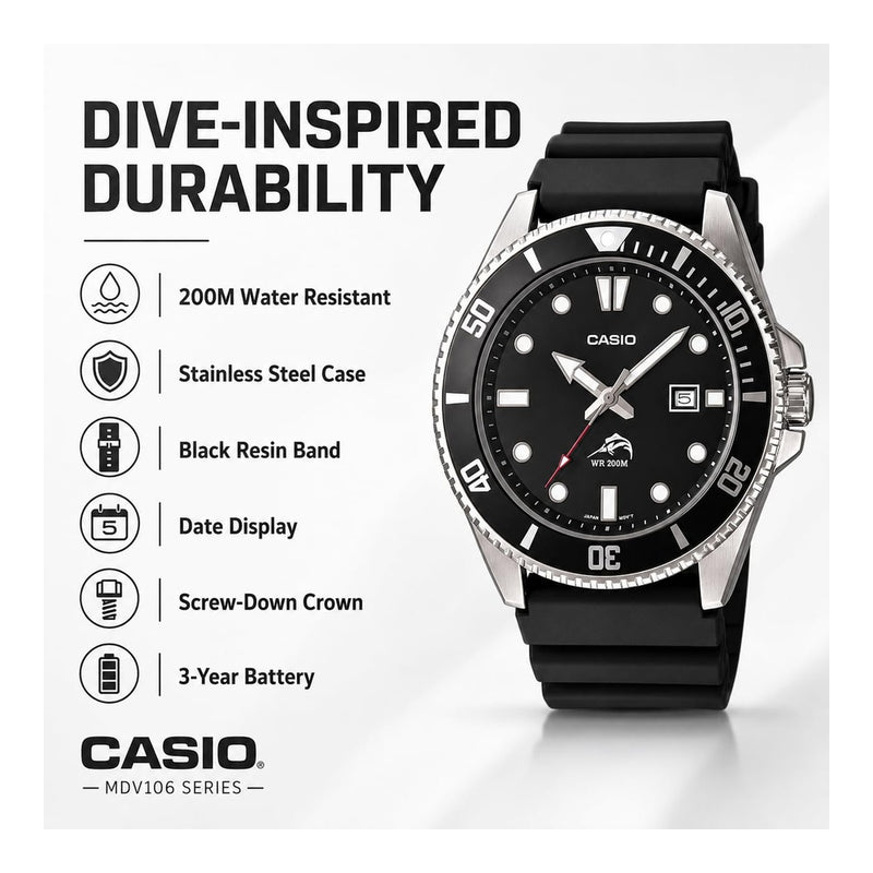 Casio MDV106 Reloj Unisex Analógico con Caja de Acero Inoxidable, Banda de Resina y Resistencia al Agua 200M
