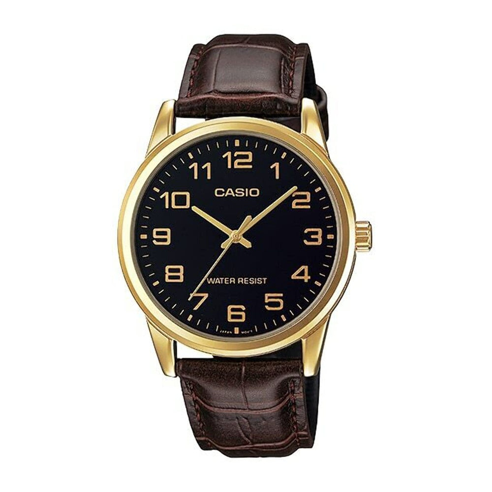 Casio MTP-V001GL-1B Reloj de cuero dorado para hombre con esfera negra y fácil lectura