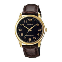 Casio MTP-V001GL-1B Reloj de cuero dorado para hombre con esfera negra y fácil lectura