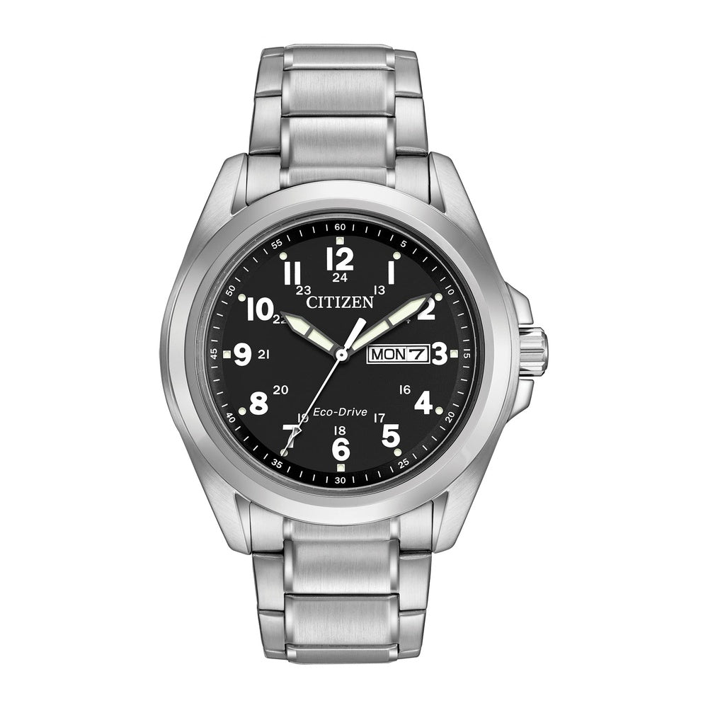 Citizen - Reloj de acero inoxidable con tecnología Eco-Drive, resistente al agua y calendarío día-fecha, modelo AW0050-82E, plateado