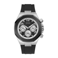 GUESS Reloj de pulsera para hombre, caja de acero inoxidable resistente al agua, banda de silicona, movimiento de cuarzo exacto