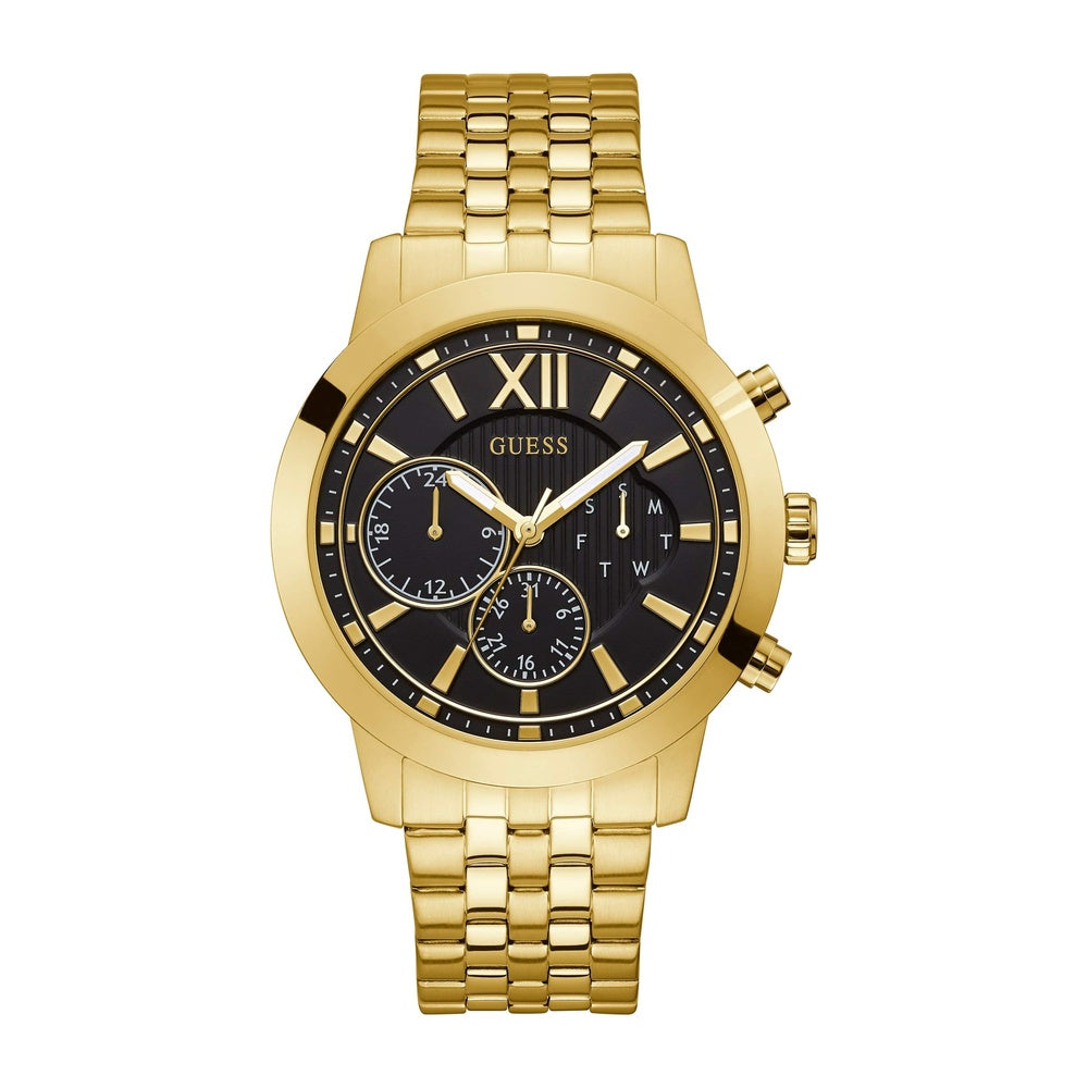 Reloj de pulsera multifunción GUESS para hombre, acero inoxidable dorado con detalles negros, pantalla analógica y calendario