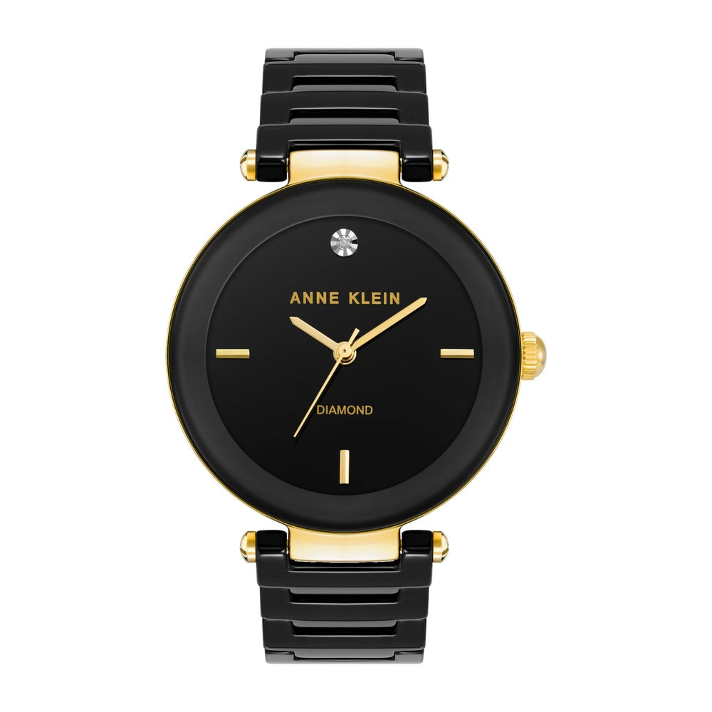 Reloj de pulsera Anne Klein para mujer con brazalete de cerámica negra y acento de diamante