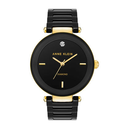 Reloj de pulsera Anne Klein para mujer con brazalete de cerámica negra y acento de diamante
