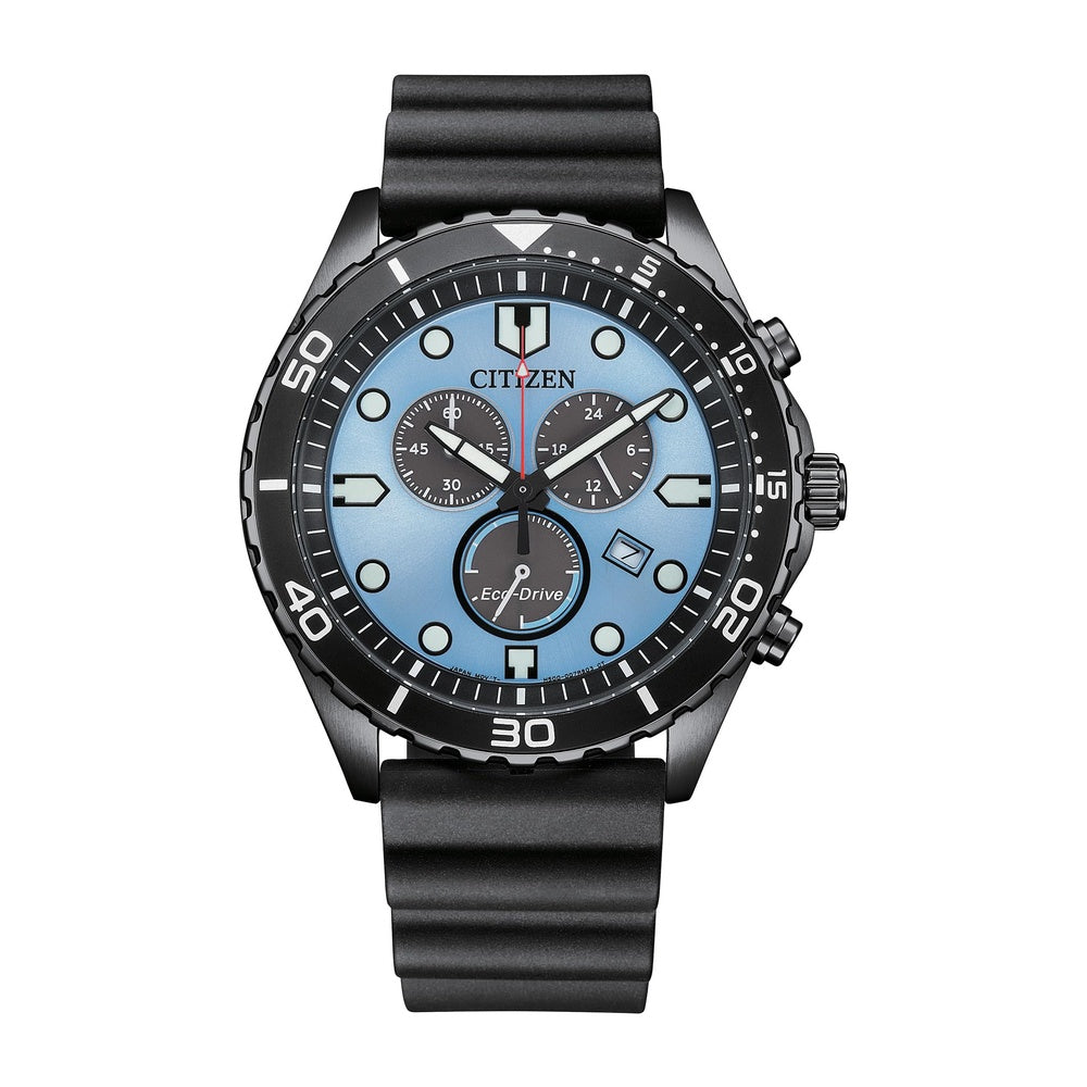 Citizen Eco-Drive Weekender Sport Casual, reloj analógico de acero inoxidable negro con correa de poliuretano, esfera azul
