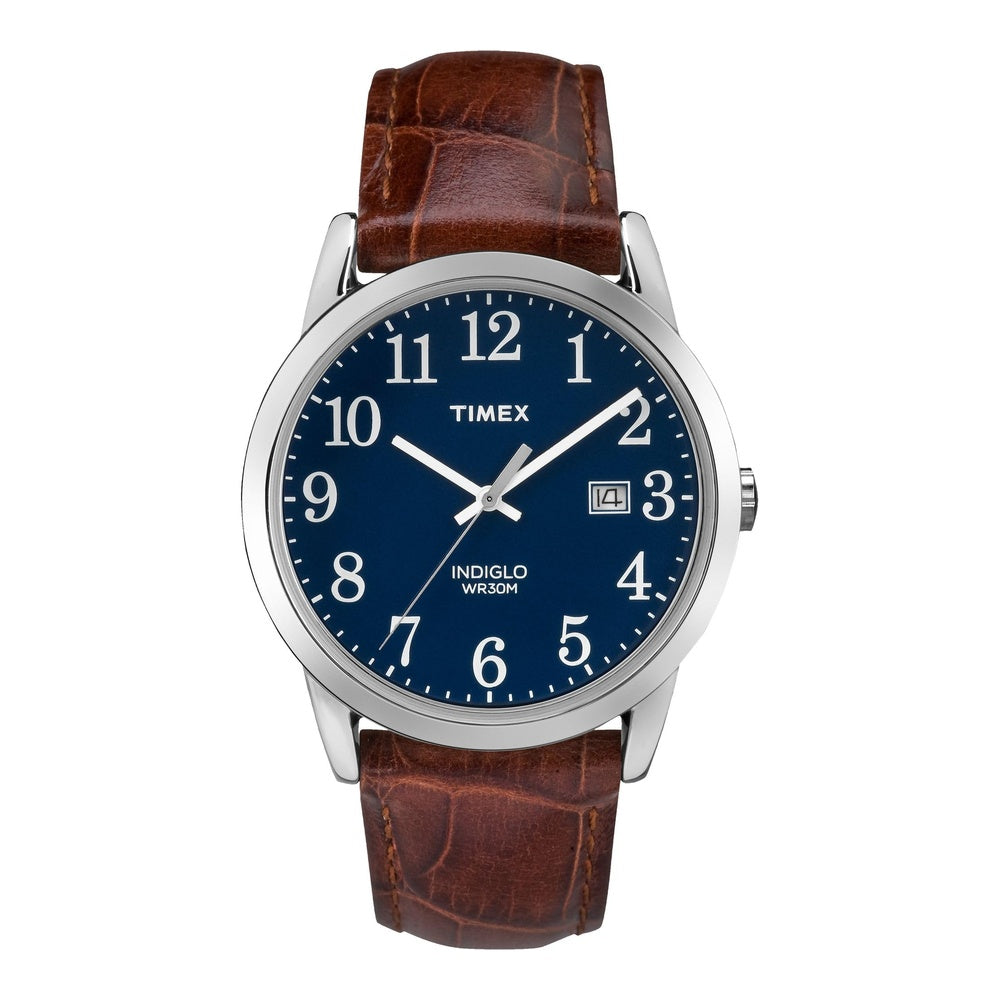 Reloj de pulsera para hombre Timex Easy Reader, correa de cuero marrón, esfera azul, resistente al agua hasta 30 metros