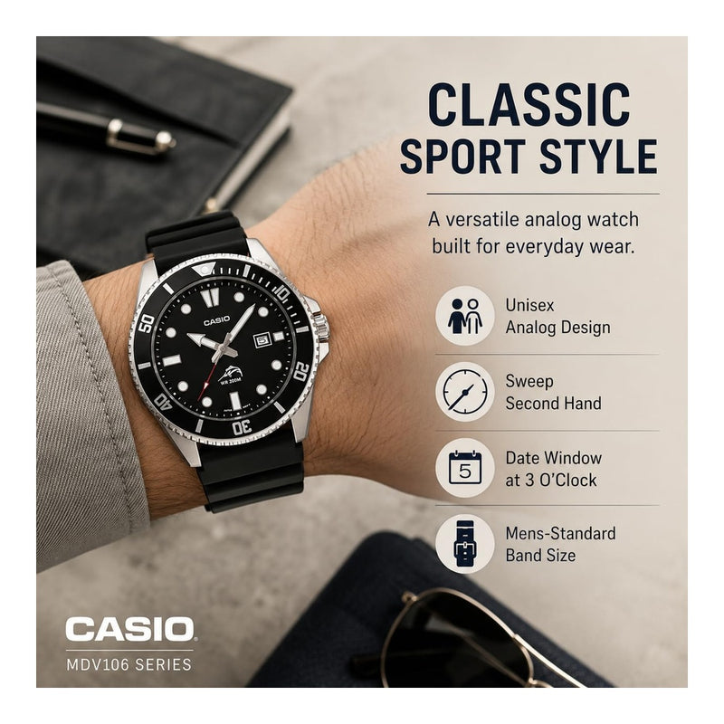 Casio MDV106 Reloj Unisex Analógico con Caja de Acero Inoxidable, Banda de Resina y Resistencia al Agua 200M