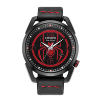 Citizen Reloj Eco-Drive Marvel Miles Morales acero inoxidable negro con correa cuero y esfera negra, modelo AW1685-00W