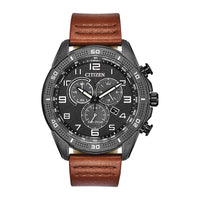 Reloj cronógrafo Citizen Eco-Drive para hombre, acero inoxidable IP negro, correa de cuero marrón, esfera negra