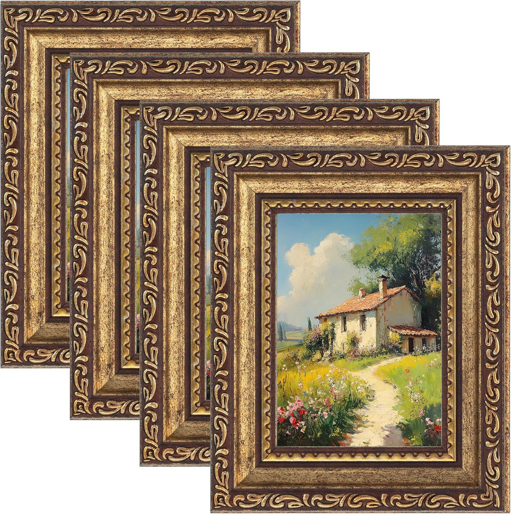 eletecpro 3x4 Vintage Picture Frame, Glass Cover, Bronze Gold, 4-Pack