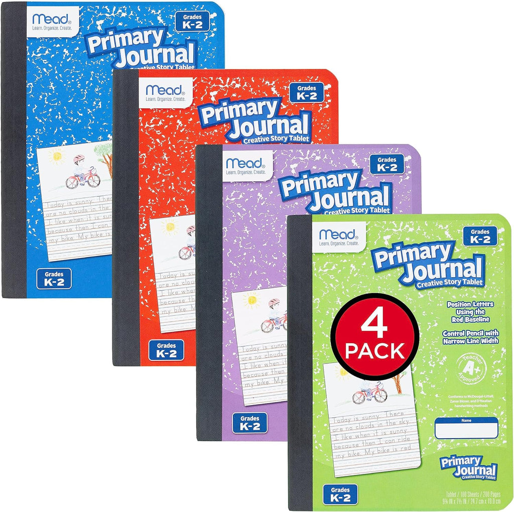 Mead Primary Journal Creative Story Tablet Composition Notebook, 7.5" x 9.75", Grades K-2, 100 Sheets, 4 Pack, Assorted