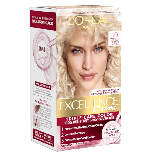 L'Oreal Paris Excellence Crème Permanent Hair Dye, Triple Care Hair Color with Hyaluronic Acid for 100% Gray Coverage, 1
