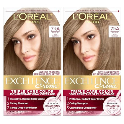 L'Oreal Paris Excellence Crème Permanent Hair Dye, Triple Care Hair Color with Hyaluronic Acid for 100% Gray Coverage, 7.5A Medium Ash Blonde, 1 Kit (Pack of 2) (Packaging May Vary)