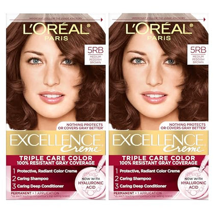 L'Oreal Paris Excellence Crème Permanent Hair Dye, Triple Care Hair Color with Hyaluronic Acid for 100% Gray Coverage, 5RB Medium Reddish Brown, 1 Kit (Pack of 2) (Packaging May Vary)