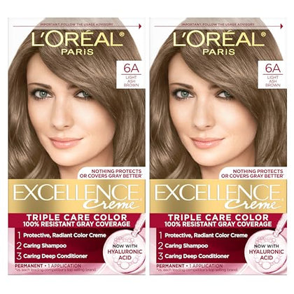 L'Oreal Paris Excellence Crème Permanent Hair Dye, Triple Care Hair Color with Hyaluronic Acid for 100% Gray Coverage, 6A Light Ash Brown, 1 Kit (Pack of 2) (Packaging May Vary)