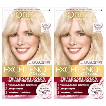 L'Oreal Paris Excellence Crème Permanent Hair Dye, Triple Care Hair Color with Hyaluronic Acid for 100% Gray Coverage, 9.5NB Lightest Natural Blonde, 1 Kit (Pack of 2) (Packaging May Vary)