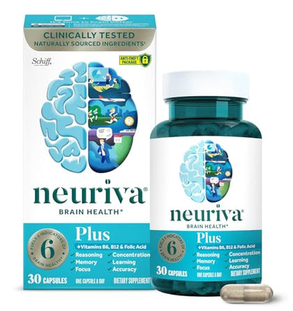 NEURIVA Plus Brain Supplements for Memory and Focus, Clinically Tested Nootropics Neurofactor and Phosphatidylserine, with Vitamin B12, Vitamin B6 and Folic Acid, 30 Count Capsules