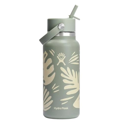 Hydro Flask Water Bottle - Insulated Stainless Steel - Wide Mouth Flex Straw Lid, Non Spill, Leakproof and Refillable in 32 Oz Botanical Bliss Agave