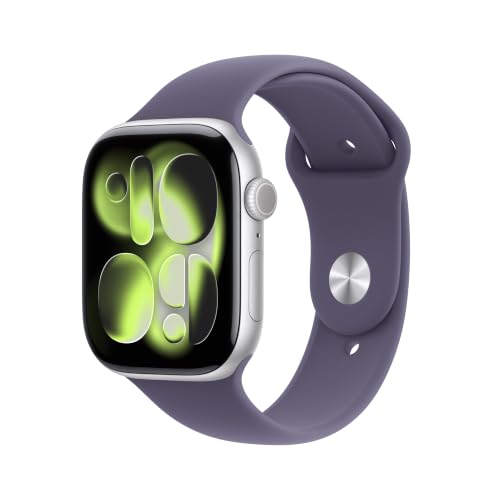 Apple Watch Series 11 [GPS 46mm] Smartwatch with Silver Aluminum Case with Purple Fog Sport Band - M/L. Sleep Score, Fit