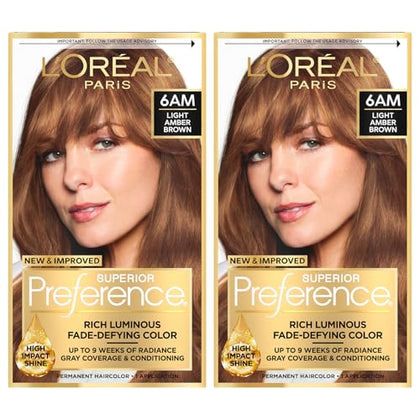L'Oreal Paris Superior Preference Luminous Fade-Defying Permanent Hair Color, Hair Dye For Up to 9 Weeks of Radiance, 6AM Light Amber Brown, 1 Kit (Pack of 2)