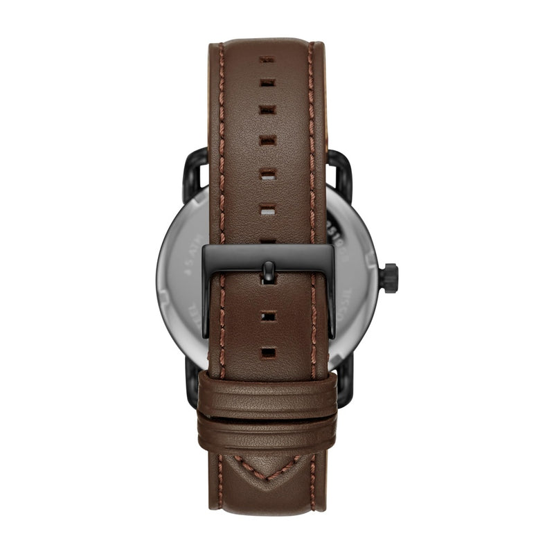 Reloj Fossil Copeland para hombre, acero inoxidable y cuero, movimiento de cuarzo con esfera negra e índices romanos, resistente al agua