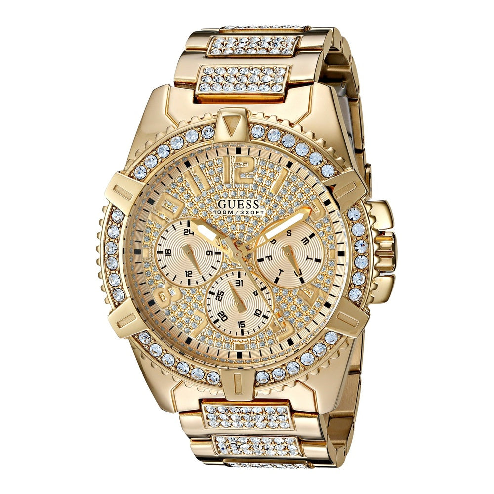 GUESS Reloj de pulsera dorado con adornos de cristal, acero inoxidable resistente, multifuncional, resistente a arañazos