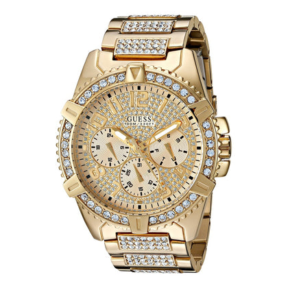 GUESS Reloj de pulsera dorado con adornos de cristal, acero inoxidable resistente, multifuncional, resistente a arañazos