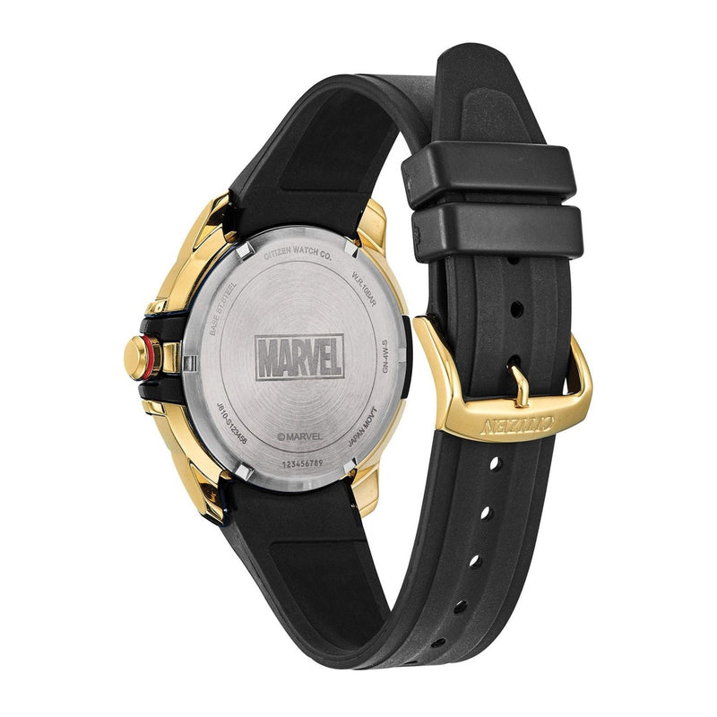 Citizen Reloj Eco-Drive Marvel Avengers para hombre, tono dorado con correa de silicona negra y ventana de calendario