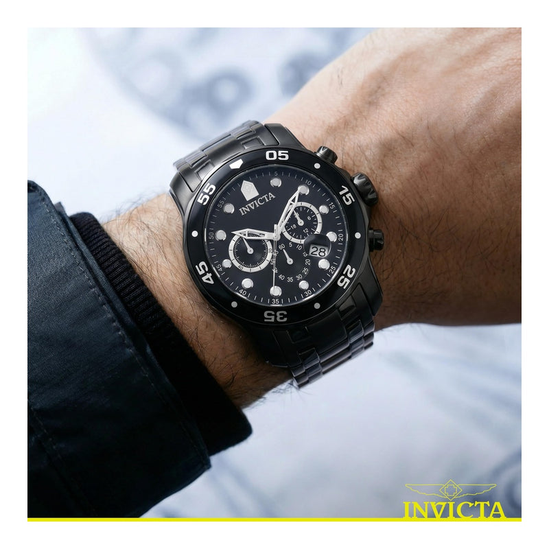 Reloj cronógrafo de cuarzo Invicta Pro Diver con correa de acero inoxidable plateado y esfera negra para hombre, modelo 0073