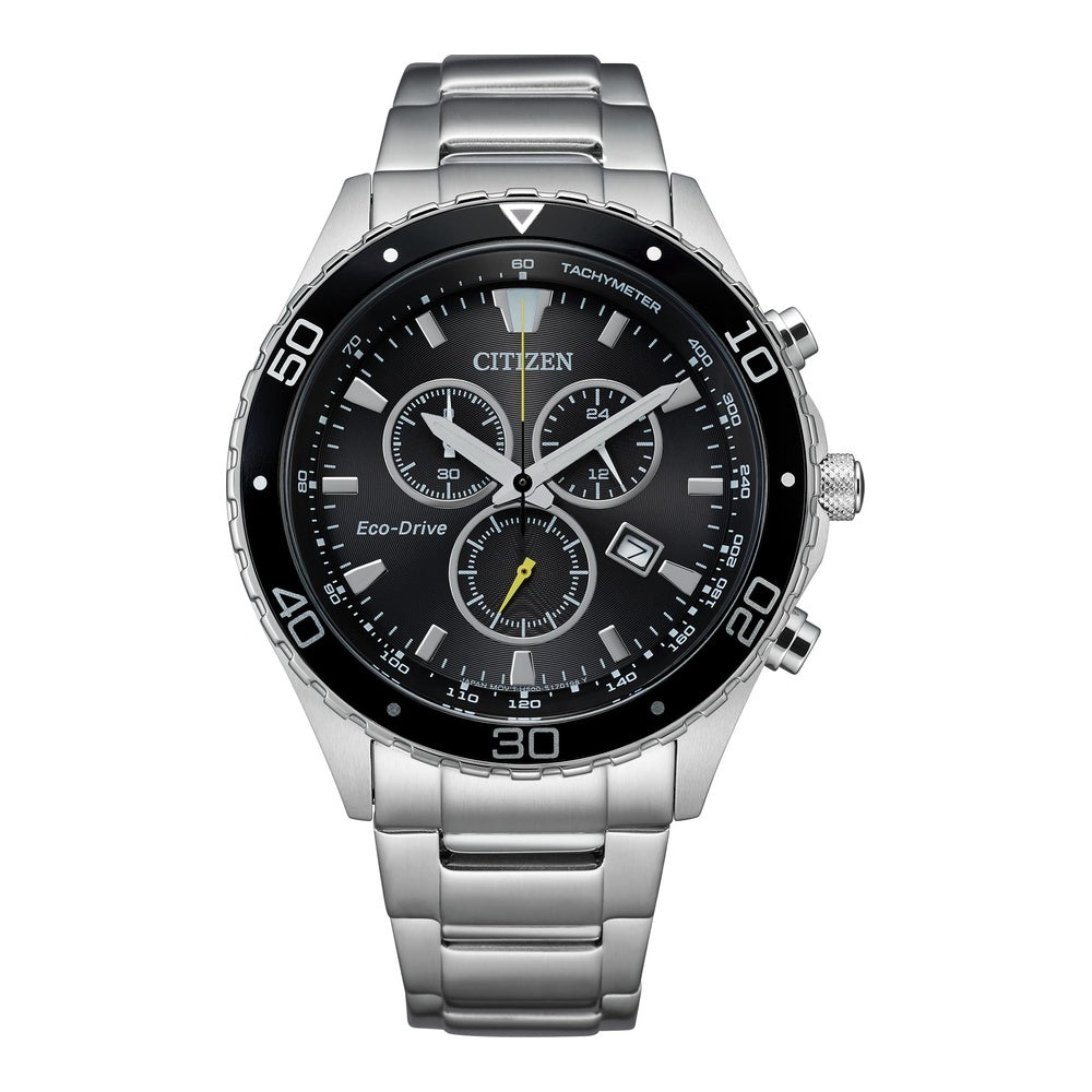 Citizen Reloj cronógrafo Eco-Drive Weekender para hombre en acero inoxidable plateado, esfera negra
