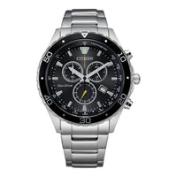 Citizen Reloj cronógrafo Eco-Drive Weekender para hombre en acero inoxidable plateado, esfera negra