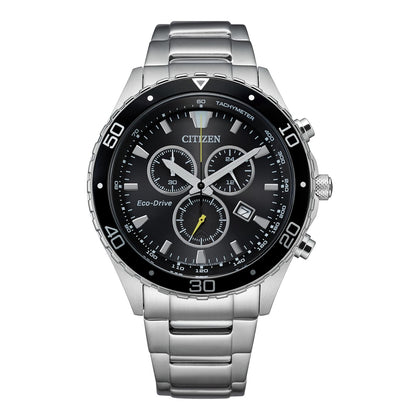 Citizen Reloj cronógrafo Eco-Drive Weekender para hombre en acero inoxidable plateado, esfera negra