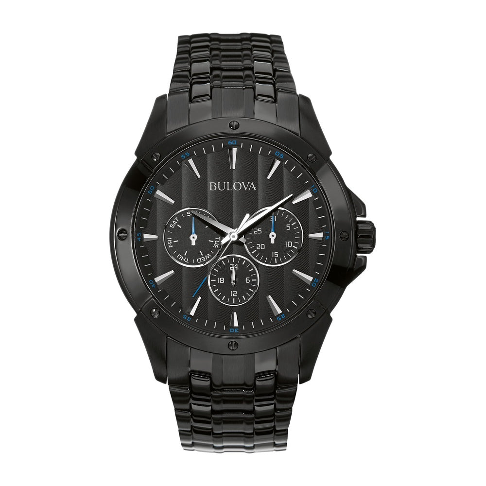 Bulova Reloj clásico de cuarzo para hombre, 6 manecillas, multifunción, día/fecha, esfera negra estampada