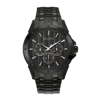 Bulova Reloj clásico de cuarzo para hombre, 6 manecillas, multifunción, día/fecha, esfera negra estampada